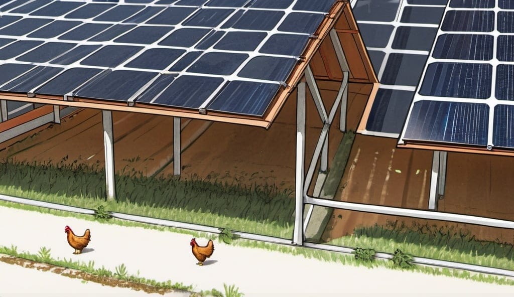 Images de agrivoltaisme, poules en dessous de panneaux