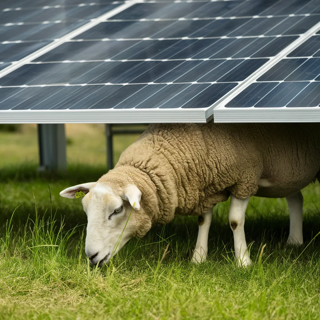 Image d'un mouton sous un panneau solaire. 