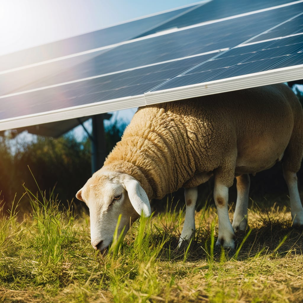 Image d'un mouton sous un panneau solaire, photovoltaïque ovin
