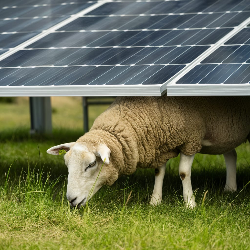 Image d'un mouton sous un panneau solaire.