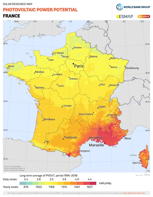 Carte de la France métropolitaine montrant l’ensoleillement