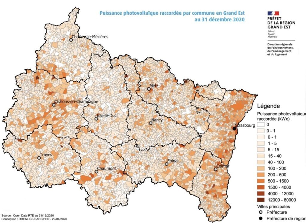 Puissance photovoltaïque raccordée par commune en Grand Est au 31 décembre 2020