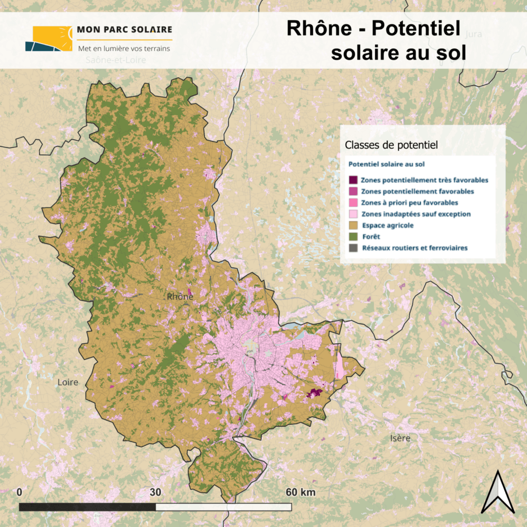 Rhône - carte du potentiel solaire au sol.
Classes de potentiel : Zones potentiellement très favorables, Zones potentiellement favorables, Zones à priori peu favorables, Zones inadaptées sauf exception, Espace agricole, Forêt, Réseaux routiers et ferroviaires.